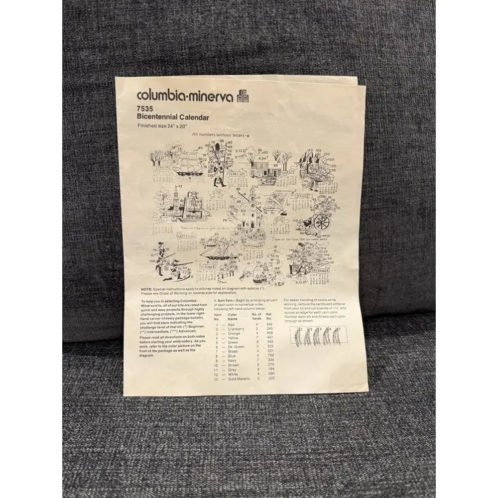 Vintage Erica Wilson Columbia-Minerva CREWEL Bicentennial Calendar Kit America